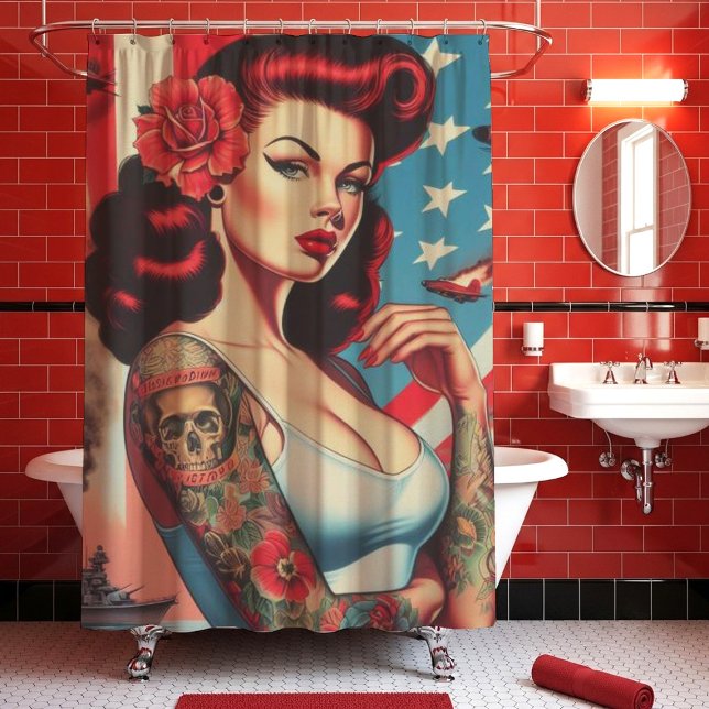 Hot Vintage Tattoo Pin-up Shower Curtain (Creator Uploaded)