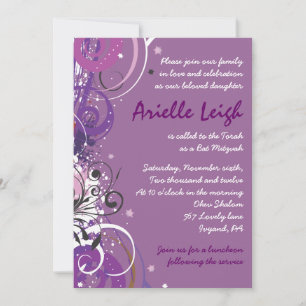 Hot Violet Swirls Stars Bat Mitzvah Invitation