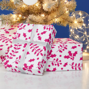 Hot White & Pink Winter Christmas Holly Wrapping Paper