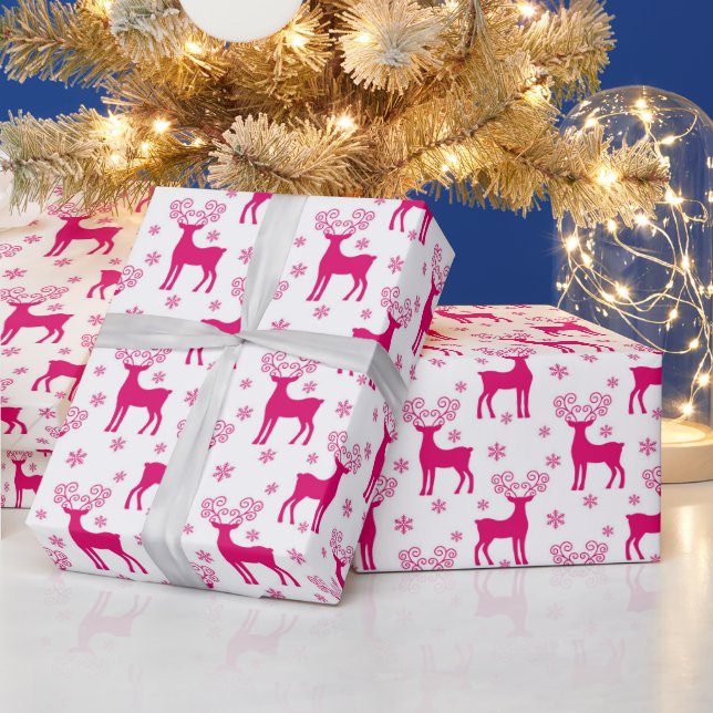 Hot White & Pink Winter Christmas Reindeer Wrapping Paper (Holidays)