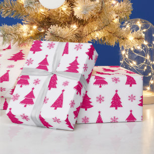 Hot White & Pink Winter Christmas Tree Wrapping Paper