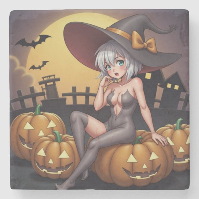 Hot Witch in Halloween Pumpkin Patch Stone Coaster (Front)