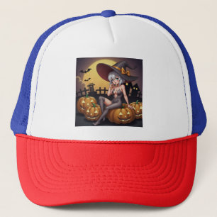 Hot Witch in Halloween Pumpkin Patch Trucker Hat