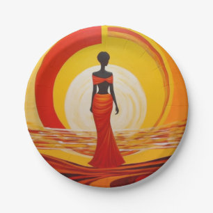 Hot yellow orange red african woman art painting paper plate