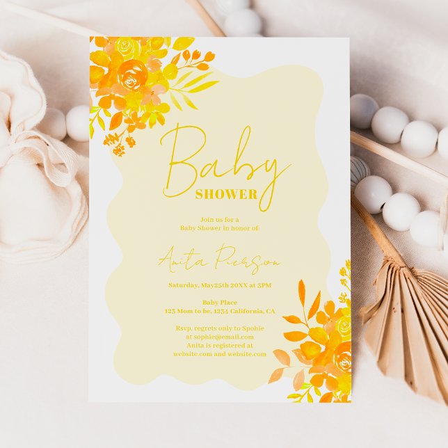Hot yellow wavy frame boho floral baby shower invitation (Hot yellow wavy frame boho floral baby shower invitation)