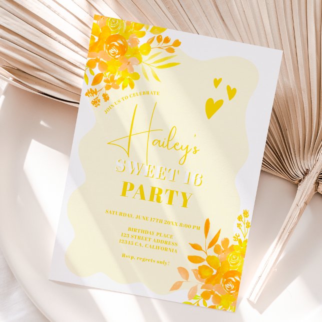 Hot yellow wavy frame boho floral Sweet 16 Invitation (Creator Uploaded)