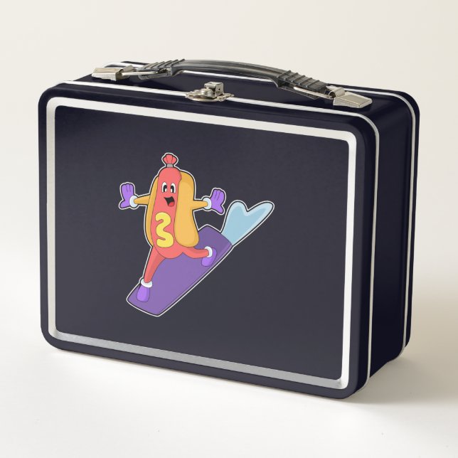 Hotdog as Snowboarder with Sonowboard Metal Lunch Box (Front)