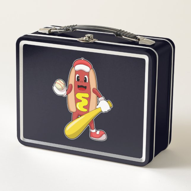 Hotdog at Baseball with Baseball bat Metal Lunch Box (Front)