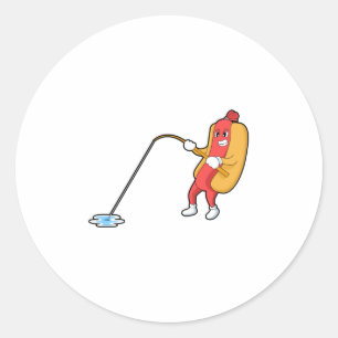 Hotdog at Fishing with Fishing rod Classic Round Sticker