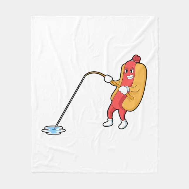 Hotdog at Fishing with Fishing rod Fleece Blanket (Front)