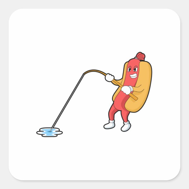 Hotdog at Fishing with Fishing rod Square Sticker (Front)