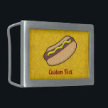 Hotdog Belt Buckle<br><div class="desc">Cartoon illustration of hotdog. Junk food outline icons yellow pattern background. Custom text.</div>