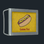 Hotdog Belt Buckle<br><div class="desc">Cartoon illustration of hotdog. Junk food outline icons yellow pattern background. Custom text.</div>