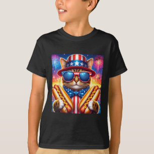 Hotdog Cat 4th Of July Funny Patriotic Bow Cat Usa T-Shirt
