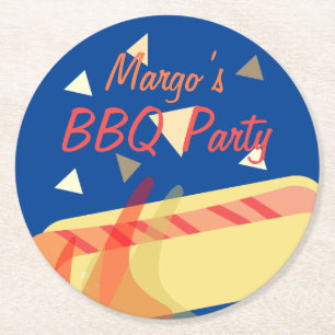 Hotdog Cookout BBQ Birthday Party Blue Round Paper Coaster