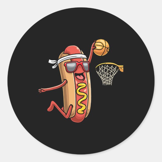 Hotdog In Bread Roll Playing Basketball Sports Pla Classic Round Sticker (Front)