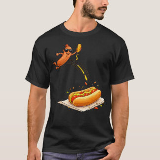 Hotdog Jumping Into A Bun Funny Food Cartoon Boys T-Shirt
