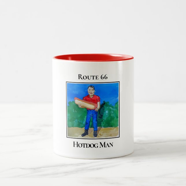 Hotdog Man, Route 66 in Atlanta, Illinois Two-Tone Coffee Mug (Center)