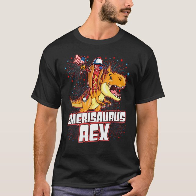 Hotdog Rex Dinosaur 4th of July Amerisaurus   T-Shirt (Front)