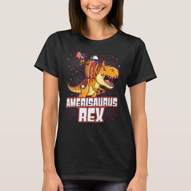 Hotdog Rex Dinosaur 4th of July Amerisaurus   T-Shirt (Front)