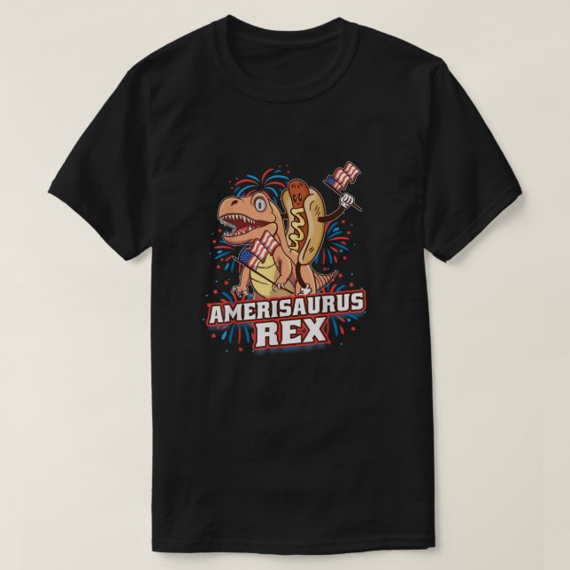 Hotdog T Rex Dinosaur 4th of July Amerisaurus Funn T-Shirt (Design Front)