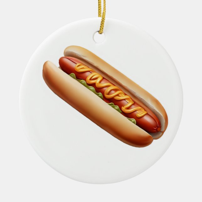 Hotdog with mustard ceramic tree decoration (Front)