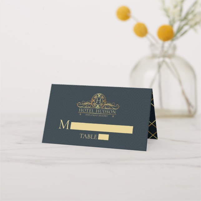 Hotel Branding luxury Blue Gold Place Card (Front)