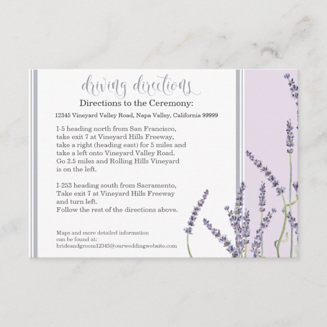 Hotel Driving Directions French Lavender Floral Enclosure Card (Front)