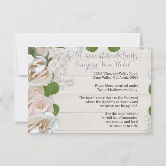 Hotel Driving Directions Rustic Wood Blush Roses Invitation (Back)