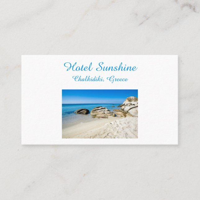 Hotel Greece Beautiful beach photo with text Busin Business Card (Front)
