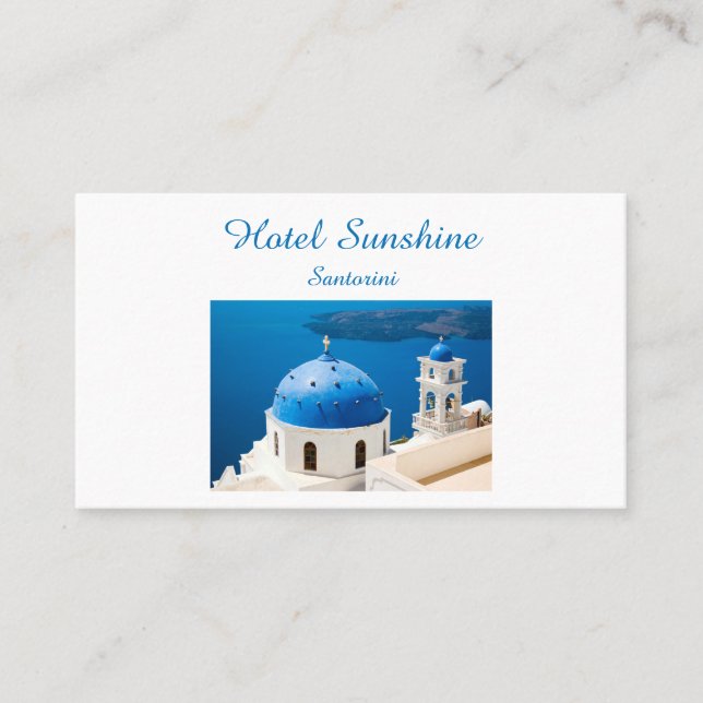 Hotel Greece Church Santorini blue photo and text Business Card (Front)