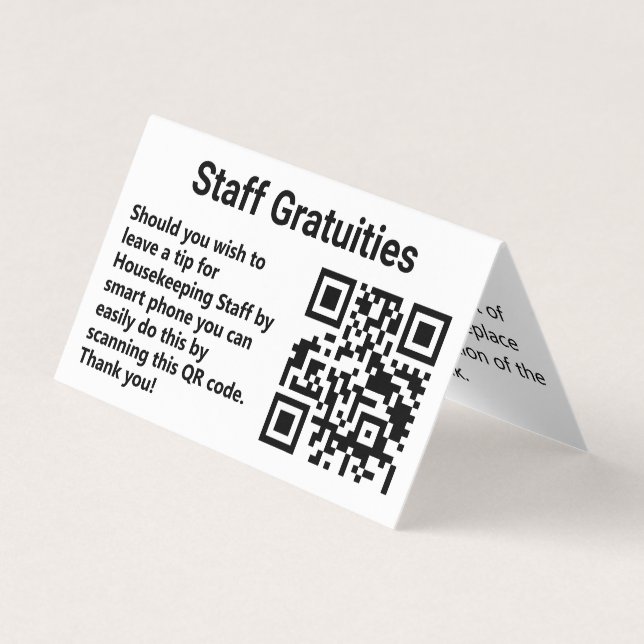 Hotel Housekeeping Staff Gratuities QR Code Folded Business Card (Front)