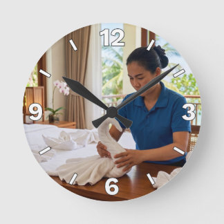 Hotel Housekeeping Swan Towel Art Decor Round Clock