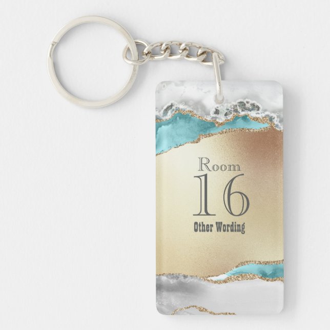 Hotel lodge resort room blue white gold marble key ring (Front)