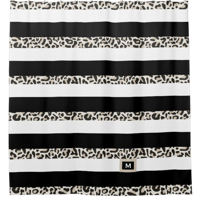 Hotel Monogram Black Rose Gold White Striped Bath Shower Curtain (Front)