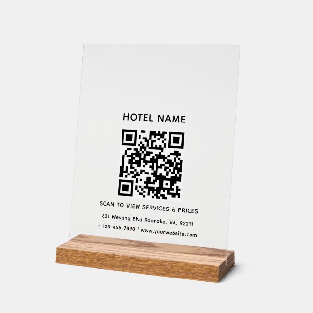 Hotel Name Logo & QR code Services Prices Details Acrylic Sign (Angle)