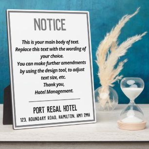 Hotel Reception or Bedroom Notice Plaque