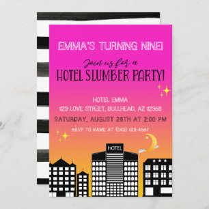 Hotel skyline girl slumber party pink ombre invitation