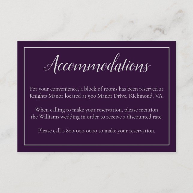 Hotel Wedding accommodations Purple and Silver Enclosure Card (Front)