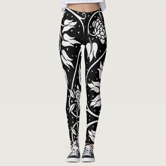 HotLeggings - Black & White Floral Print Leggings (Front)