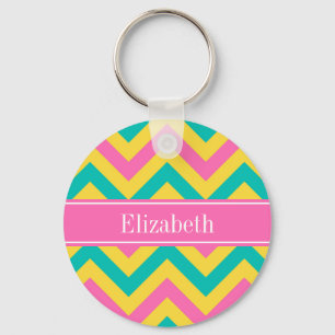 HotPink2 Teal Pineapple LG Chevron Name Monogram Key Ring