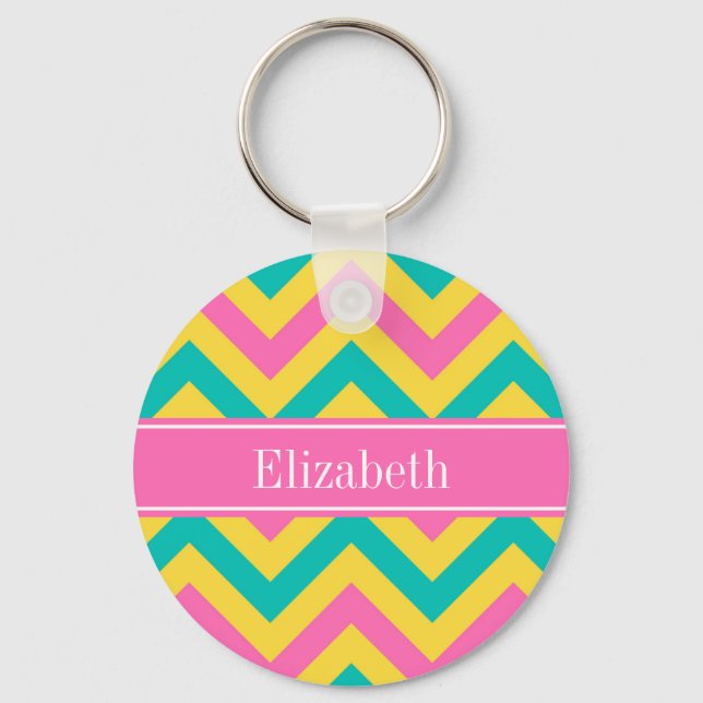 HotPink2 Teal Pineapple LG Chevron Name Monogram Key Ring (Front)