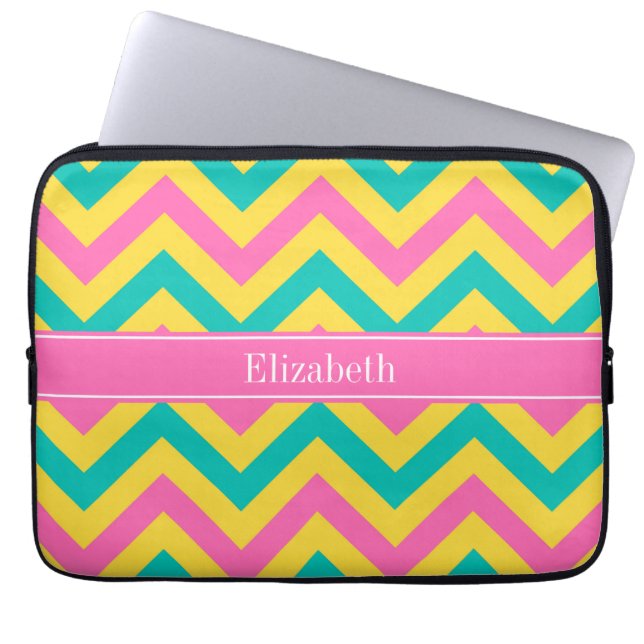 HotPink2 Teal Pineapple LG Chevron Name Monogram Laptop Sleeve (Front)