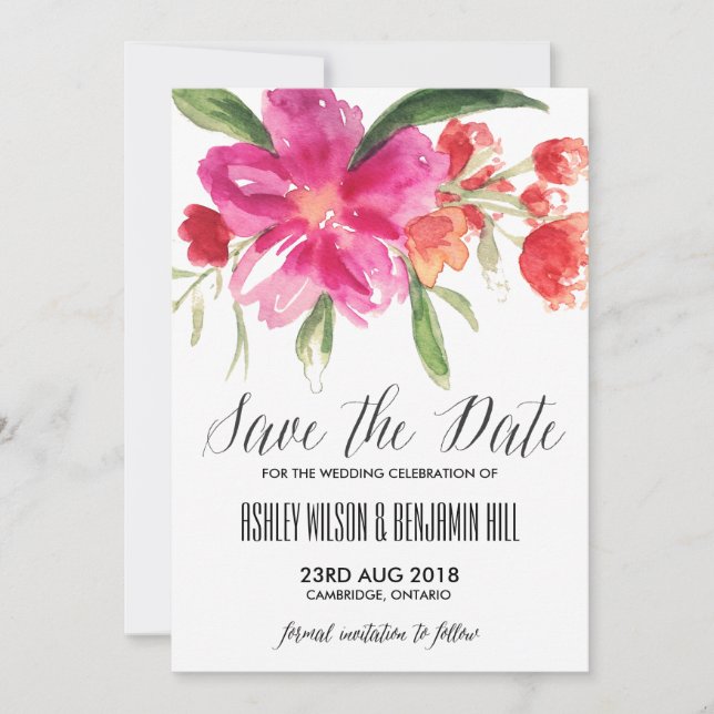 HotPink Watercolor Posy Save the Date Announcement (Front)