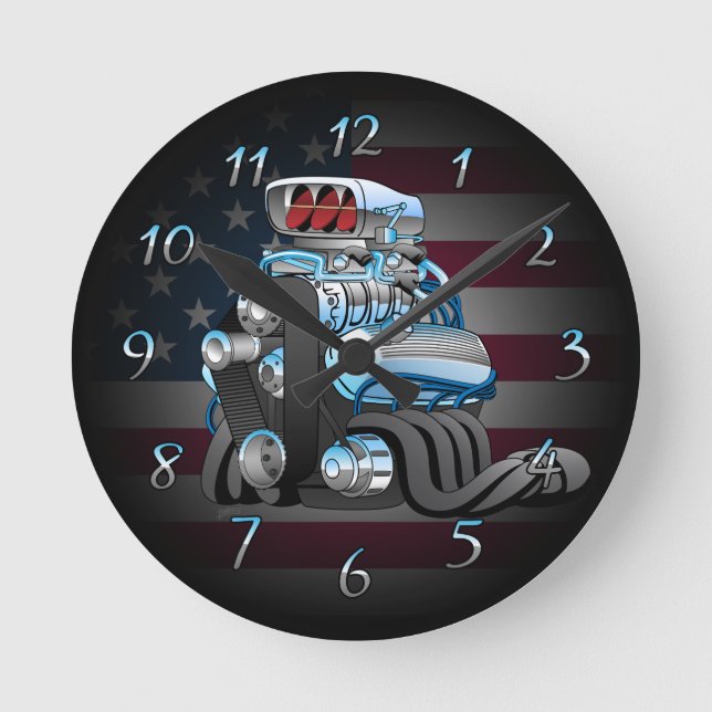Hotrod Racing Car Engine Cartoon Illustration Round Clock (Front)