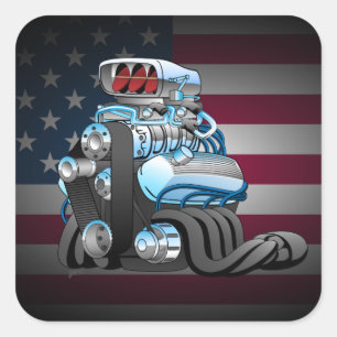 Hotrod Racing Car Engine Cartoon Illustration Square Sticker