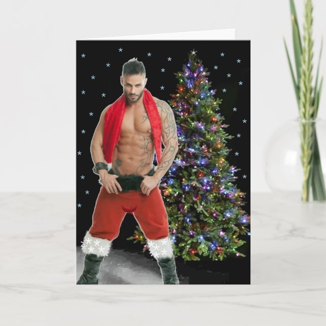 Hottest Hunk Buff Santa Christmas Card (Front)