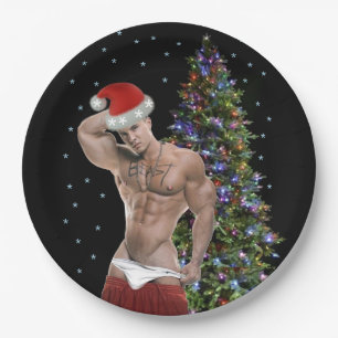 Hottest Hunk Buff Santa Christmas Party Paper Plate