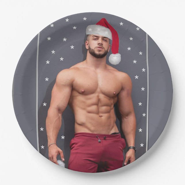 Hottest Hunks On The Planet Christmas Buff Santa  Paper Plate (Front)