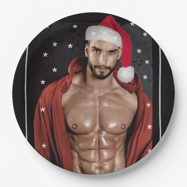 Hottest Hunks On The Planet! Christmas Buff Santa  Paper Plate (Front)